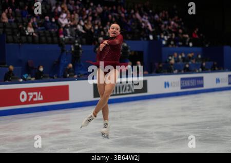 25 mars 2022 : Mariah Bell des États-Unis d'Amérique lors de la finale féminine, Championnat du monde de patinage artistique au Sud de France Arena, Montpellier, France. Kim Price/CSM.(image de crédit : © Kim Price/CSM via ZUMA Press Wire) Banque D'Images