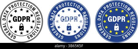 Collection de badges circulaires de conformité GDPR dans différents styles bleus et noirs avec des icônes de cadenas et des étoiles, représentant la protection des données et juridique Illustration de Vecteur