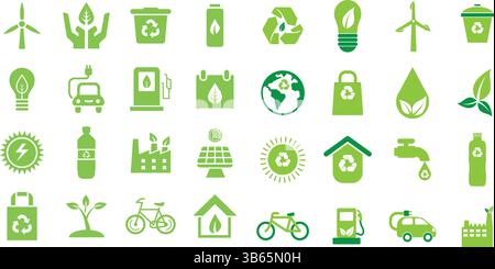 Énergie verte et icônes écologiques définies pour la sensibilisation à l'environnement Illustration de Vecteur