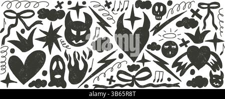 Ensemble de griffonnages faits à la main à motif coeur cassant punk. Fond de charbon de bois du diable et des anges. Eléments grunge de gribouillage. Étoiles, arcs, nuages et formes d'esquisse. VEC Illustration de Vecteur