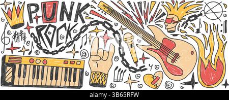Ensemble de crayons de musique punk rock dessiné. Rock n roll festival doodle fond. Eléments de flyer de concert de musique grunge. Guitare, cornes de piano électroniques, couronne A. Illustration de Vecteur