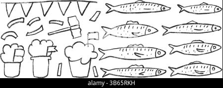 Éléments du festival Santos populares. Manjerico, marteau et guirlande avec sardines dessinées à la main set. École de poissons dans la mer. Jeu de griffonnages de ligne de poissons. VEC Illustration de Vecteur