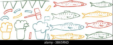 Jeu de griffonnages de ligne de crayon de poissons. Festival Santos Populares. Sardines dessinées à la main, marteau, confettis et basilic manjerico. Somme colorée naïve vectorielle Illustration de Vecteur