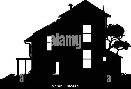 Silhouette d'une maison de deux étages avec arbres et cheminée Illustration de Vecteur
