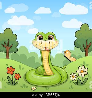 Serpent de dessin animé vert drôle sur Meadow avec des arbres et Blue Sky. Illustration vectorielle mignonne d'un animal avec des fleurs rouges et blanches, de l'herbe et des arbres. Illustration de Vecteur
