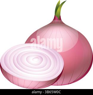 Icône de vecteur d'oignon rouge – illustration d'oignon rouge entier et demi coupé avec oignon rouge de pousse verte, icône d'oignon, illustration de légumes, oignon coupé, tranché Illustration de Vecteur