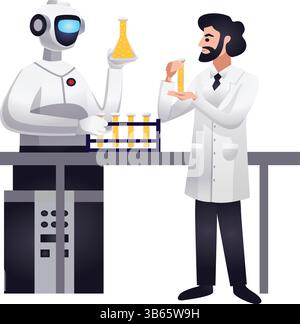 Robot collaborant avec Scientist – IA et Human Working in Science Lab Illustration de Vecteur