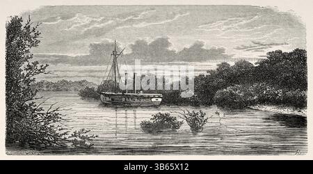 La Couleuvrine. Torpilleur français de classe bombe des années 1880 Sénégal, Afrique. Dessin d'Alexandre de Bar (1821-1908) croisière sur les côtes africaines en 1868 par le vice-amiral Alphonse Fleuriot de Langle (1809 - 1881) le Tour du monde 1872 Banque D'Images