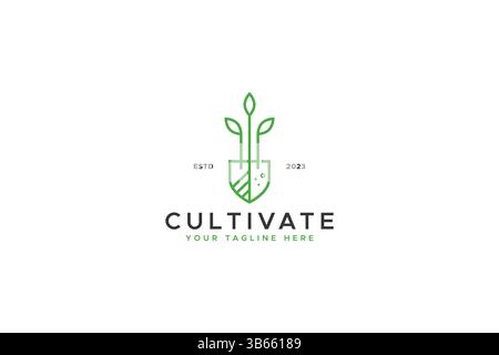 Cultiver et jardin vert naturel avec plante de graine en croissance et logo d'illustration de pelle Illustration de Vecteur