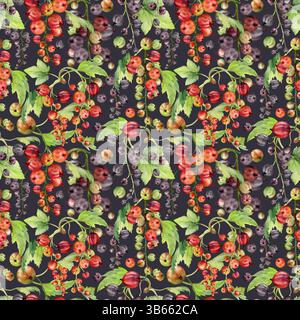 Grappe de groseilles à maquereau raceme avec des feuilles, casseille de baies de jardin mûres jostaberry juneberry. Motif sans couture isolé sur sombre, aquarelle Banque D'Images