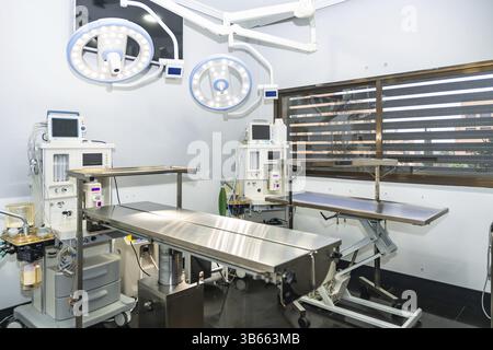 Salle d'opération vétérinaire vide équipée de lampes chirurgicales, machine d'anesthésie et tables d'opération en acier inoxydable, prête pour une procédure chirurgicale Banque D'Images