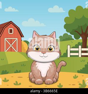 Chat de dessin animé mignon sur une ferme ensoleillée avec grange, clôture, arbre et ciel bleu. Illustration vectorielle de l'animal dans la nature. Illustration de Vecteur