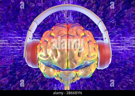 Illustration d'un cerveau humain portant un casque, symbolisant la musique, la perception sonore, la stimulation cognitive, la créativité, et l'activité neuronale. Banque D'Images