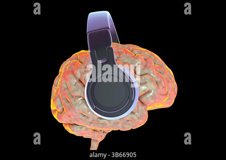 Illustration d'un cerveau humain portant un casque, symbolisant la musique, la perception sonore, la stimulation cognitive, la créativité, et l'activité neuronale. Banque D'Images