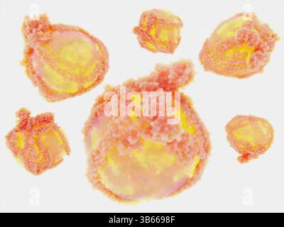 Illustration de lipoprotéines de basse densité (LDL), ou « mauvais » cholestérol, molécules. Ils sont constitués d'un noyau de molécules de cholestérol estérifié entouré d'une coquille de cholestérol non estérifié et de phospholipides (jaune). La structure complexe comprend des protéines porteuses connues sous le nom de protéines apo-B (rose), qui aident au transport dans le sang. Quand il y a des niveaux élevés de cholestérol LDL dans le sang, il s'accumule sur les côtés des vaisseaux sanguins les durcissant, une condition appelée athérosclérose. Cela rétrécit les vaisseaux sanguins et peut les bloquer. Banque D'Images