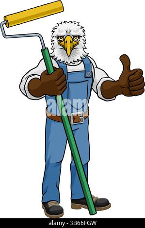 Eagle Painter Decorator Paint Roller Mascot Man Illustration de Vecteur