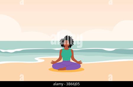 Une femme noire est assise sur la plage et médite Illustration de Vecteur