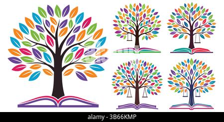Arbre coloré des icônes de connaissance sur les livres ouverts Illustration de Vecteur