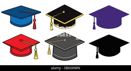 Six chapeaux de graduation de différentes couleurs et styles Illustration de Vecteur