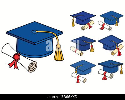 Ensemble de chapeaux de graduation et diplômes Illustration de Vecteur