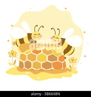Abeilles et nid d'abeilles colorant mignonne famille d'abeilles faisant du miel dans un plat de vecteur de ruche de dessin animé Illustration de Vecteur