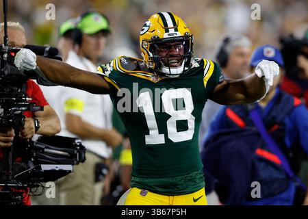 18 septembre 2022 : Randall Cobb (18 ans), receveur des Packers de Green Bay, célèbre après avoir fait une première prise lors du match de football NFL entre les Bears de Chicago et les Packers de Green Bay au lambeau Field à Green Bay, Wisconsin. Darren Lee/CSM (crédit image : © Darren Lee/CSM via ZUMA Press Wire) Banque D'Images