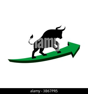 Bull surf sur l'icône de flèche 3d verte, concept de marché boursier haussier ou tendance haussière. Illustration de Vecteur