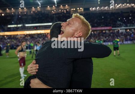 7 septembre 2022, Orlando, Floride, États-Unis : ORLANDO, FLORIDE - 7 SEPTEMBRE : Orlando City SC célèbre sa victoire lors d'un match entre le Sacramento Republic FC et l'Orlando City SC au stade Exploria le 7 septembre 2022 à Orlando, FL. (Crédit image : © Brad Smith/ISIPhotos via ZUMA Press Wire) Banque D'Images