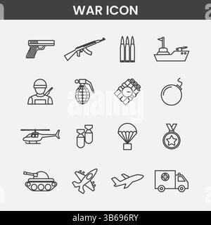 Icônes militaires et de guerre minimalistes, jeu d'armes et d'équipements vectoriels d'art de ligne en niveaux de gris Illustration de Vecteur