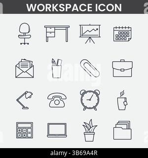 Icônes d'espace de travail minimaliste dessin de ligne noir et blanc de fournitures de bureau et symboles de productivité Illustration de Vecteur
