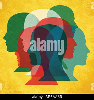 Abstrait jolies têtes superposées en vert, rouge et bleu Illustration de Vecteur