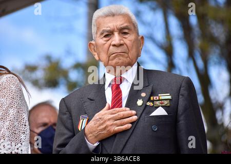 19 juillet 2022, Bogota, Cundinamarca, Colombie : un vétéran de l'armée colombienne qui a combattu dans la guerre du Corean lors de la cérémonie des honneurs aux familles des militaires tombés au combat avant le défilé du jour de l'indépendance de la Colombie qui a lieu le 20 juillet, à Bogota, Colombie, le 19 juillet 2022. Photo par : Cristian Bayona/long Visual Press (crédit image : © Cristian Bayona/LongVisual via ZUMA Press Wire) Banque D'Images