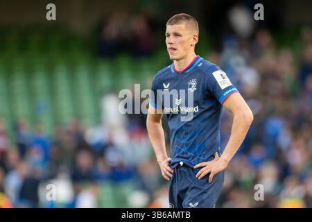 Dublin, Irlande. 03 mai 2025. Sam Prendergast de Leinster a déçu après la Coupe des Champions Investec, match de demi-finale entre Leinster Rugby et Northampton Saints au Aviva Stadium à Dublin, Irlande, le 3 mai 2025 (photo par Andrew SURMA/ Credit : Sipa USA/Alamy Live News Banque D'Images
