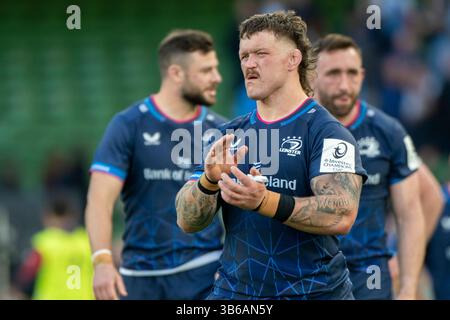 Dublin, Irlande. 03 mai 2025. Andrew porter de Leinster déçu après la demi-finale de la Coupe Investec Champions Cup entre Leinster Rugby et Northampton Saints au Aviva Stadium de Dublin, Irlande, le 3 mai 2025 (photo par Andrew SURMA/ Credit : Sipa USA/Alamy Live News Banque D'Images