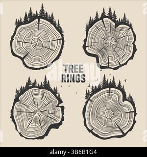Tronc d'arbre rond coupé avec des arbres, de la forêt et des oiseaux. Tranches de pin scié ou de chêne, bois d'œuvre. Scier bois coupé, bois. Texture en bois brun avec anneaux d'arbre. Main Illustration de Vecteur