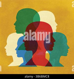 Abstrait jolies têtes superposées en vert, rouge et bleu Illustration de Vecteur