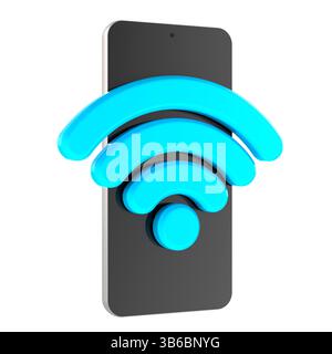 Smartphone avec signal Wi-Fi. Connexion Internet, concept. Rendu 3D isolé sur fond blanc Banque D'Images