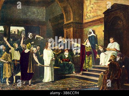 Dans le Nouveau Testament, « Christ devant Pilate » (scène montrée ici) se réfère au procès de Jésus devant Ponce Pilate, le gouverneur romain de Judée, où Jésus a été accusé de sédition et de blasphème, conduisant finalement à sa crucifixion. L'artiste, Mihály Munkácsy (mort en 1900), est un peintre hongrois. Il a acquis une réputation internationale avec ses images de genre et ses peintures bibliques à grande échelle. Banque D'Images