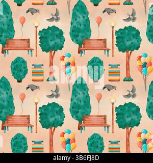 Un parc fantaisiste présentant des arbres, des bancs sympathiques, des ballons colorés et des oiseaux ludiques aux teintes vives. Motif sans couture d'aquarelle dessiné à la main sur fond pastel. Banque D'Images