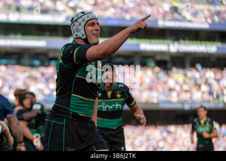 Dublin, Irlande. 03 mai 2025. Curtis Langdon de Northampton célèbre lors de la Coupe des Champions Investec, match de demi-finale entre Leinster Rugby et Northampton Saints à Aviva Stadium à Dublin, Irlande, le 3 mai 2025 (photo par Andrew SURMA/ Credit : Sipa USA/Alamy Live News Banque D'Images