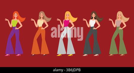 fille élégante dans un pantalon évasé et un haut à la mode avec plusieurs palettes de couleurs illustration vectorielle plate. Illustration de Vecteur