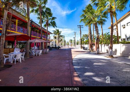 Rue piétonne vide en direction du centre-ville de Loreto depuis Malecón, entre palmiers, bâtiments, maisons et restaurants, journée d'hiver ensoleillée à Baja Banque D'Images