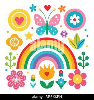 Une illustration autocollant tout à fait adorable et charmante présentant un arc-en-ciel doux et invitant se courbant doucement sous un ciel Illustration de Vecteur