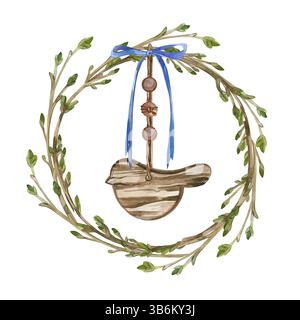 Couronne de jeunes branches avec des bourgeons et un pendentif oiseau en bois avec un arc bleu et des perles en bois. Tous les objets sont peints à la main avec des aquarelles. Adapté Banque D'Images