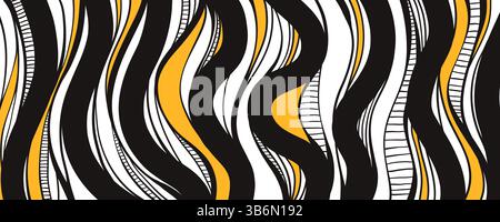 Lignes abstraites noires et blanches. Motif ondulé sinueux. Texture monochrome audacieuse avec accents jaunes. Conception moderne d'écoulement de liquide. Fond psychédélique. Illustration de Vecteur