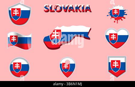 Collection de drapeaux et d'armoiries de Slovaquie dans un style plat avec carte et texte Illustration de Vecteur