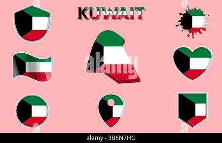 Collection de drapeaux et d'armoiries du Koweït dans un style plat avec carte et texte Illustration de Vecteur