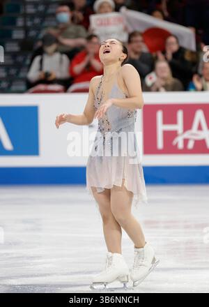 20 mars 2024, Montréal, Québec, Canada : Kaori Sakamoto, du Japon, réagit après avoir terminé les Championnats du monde de patinage artistique ISU au Centre Bell le 20 mars 2024 à Montréal, Québec, Canada. (Crédit image : © Andrew Chin/ZUMA Press Wire) Banque D'Images