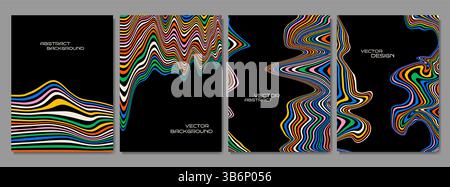 Illustration vectorielle. Ensemble de fonds graphiques rétro Groovy 80s, 90s. Motif linéaire ondulé. Lignes de couleur tordues et déformées. Design hippie pour flyer Illustration de Vecteur