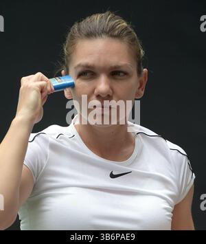 20 mars 2019, Miami Gardens, Floride, États-Unis d'Amérique : MIAMI GARDENS, FLORIDE - 20 MARS : Simona Halep applique un écran solaire pendant la journée portes ouvertes de Miami 3. Simona Halep est une joueuse de tennis professionnelle roumaine. La Women's Tennis Association a classé son monde n ° 1 en simple à deux reprises entre 2017 et 2019. Elle a atteint le classement n°1 pour la première fois le 9 octobre 2017. À sa deuxième occasion, elle a occupé le classement pendant 48 semaines consécutives. Présenté par Itau au Hard Rock Stadium 20 mars 2019 à Miami Gardens, Floride..People : Simona Halep. (Crédit image : © SMG via ZUM Banque D'Images